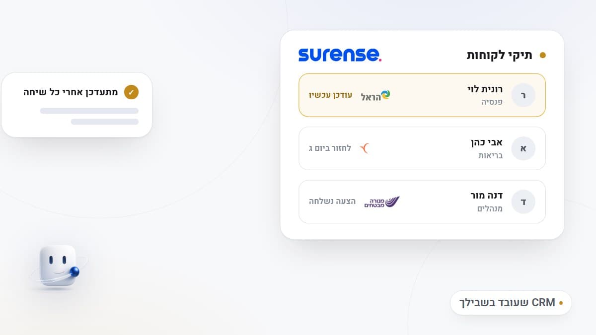 איור: רשימת תיקי לקוחות ב‑Surense שמתעדכנת אחרי כל שיחה, עם סטטוס ולוגו חברת הביטוח לכל לקוח