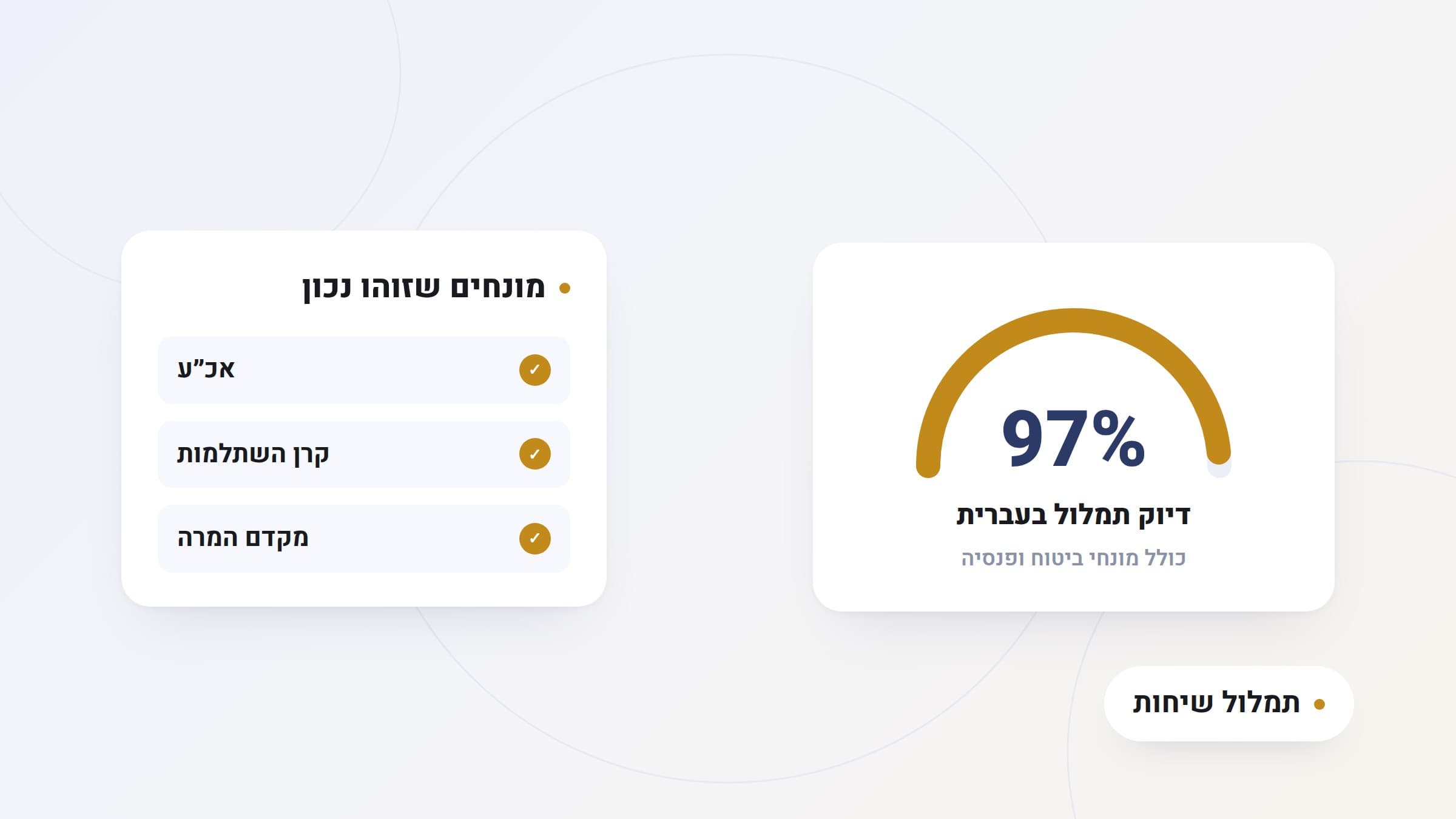 איור: מד דיוק תמלול המראה כ-97%, לצד תגיות של מונחי ביטוח ופיננסים שזוהו נכון