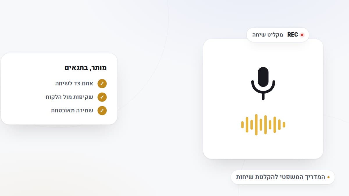 איור: מיקרופון עם גל קול וחיווי הקלטה, לצד כרטיס התנאים להקלטה חוקית