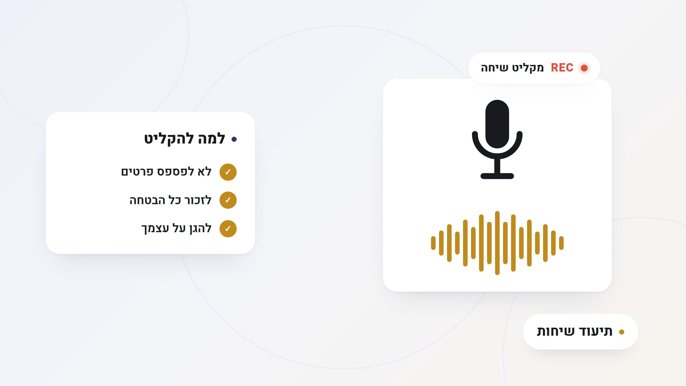 איור: שיחה מוקלטת שהופכת לסיכום, משימות והודעה ללקוח מוכנה לאישור