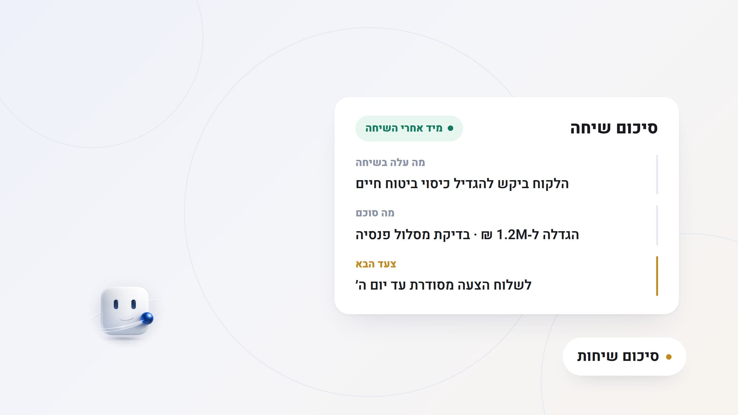 איור: שעון לצד סיכום שיחה, שממחיש שאיכות הסיכום נשחקת ככל שדוחים אותו