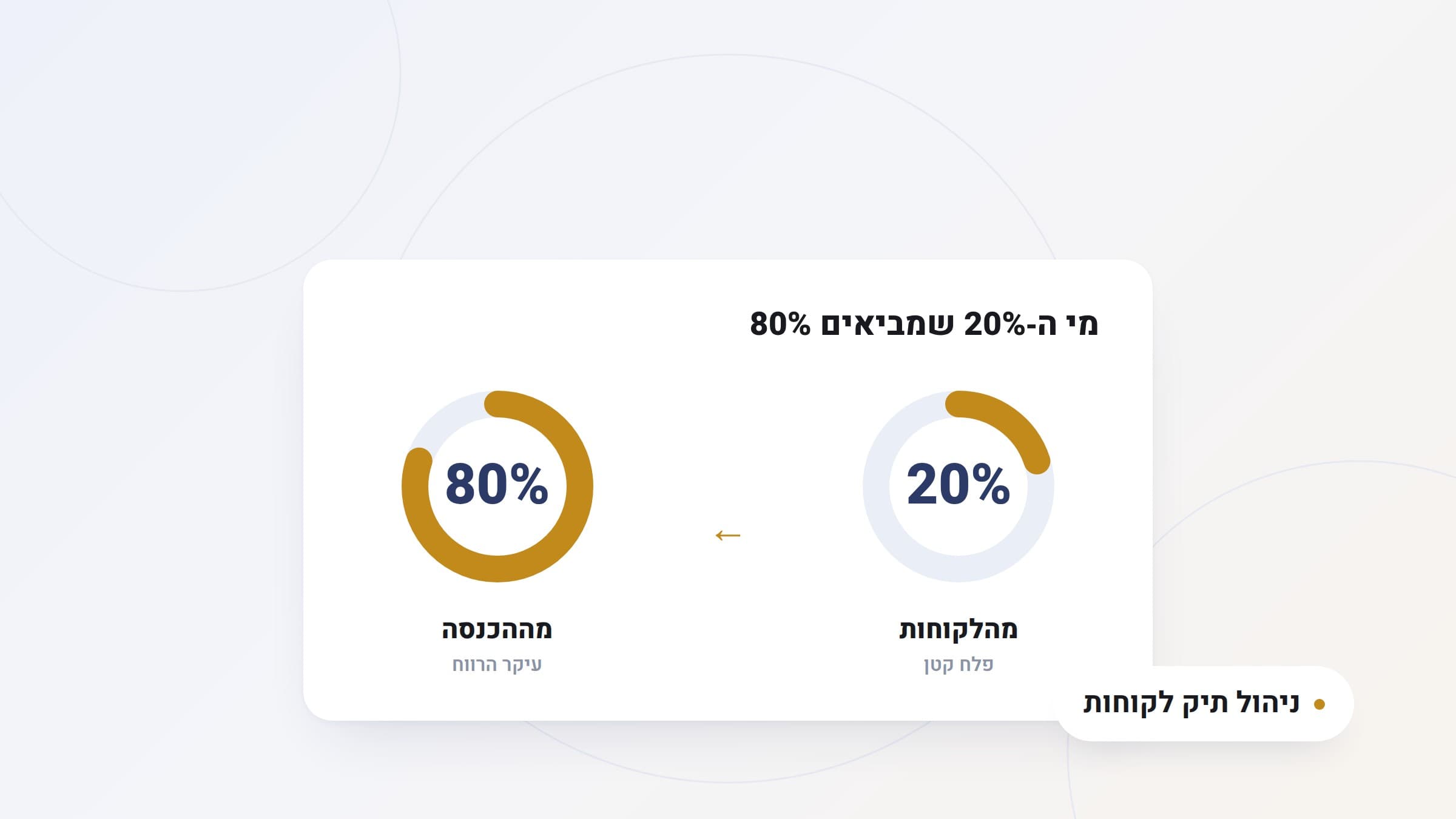 איור: שני מדדים עגולים, 80% מההכנסה מול 20% מהלקוחות, לצד כרטיס 'מי ה-20% שמביאים 80%', תווית זהב 'ניהול תיק לקוחות'