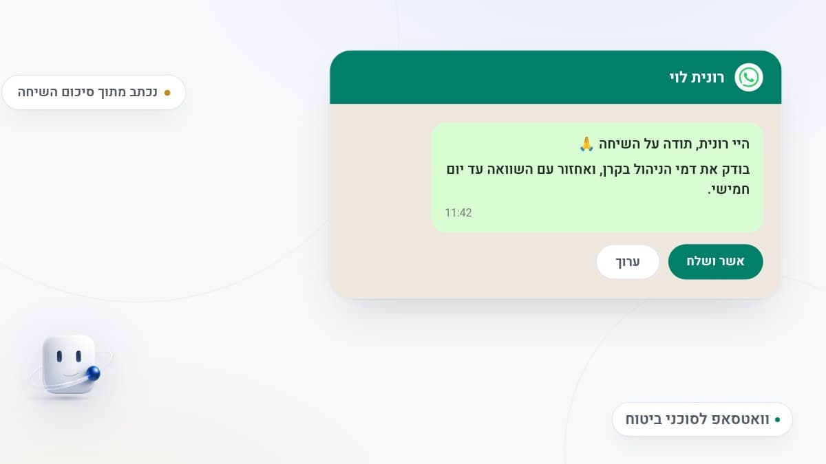 איור: הודעת סיכום בוואטסאפ שנכתבה מתוך השיחה, עם כפתורי אשר ושלח וערוך