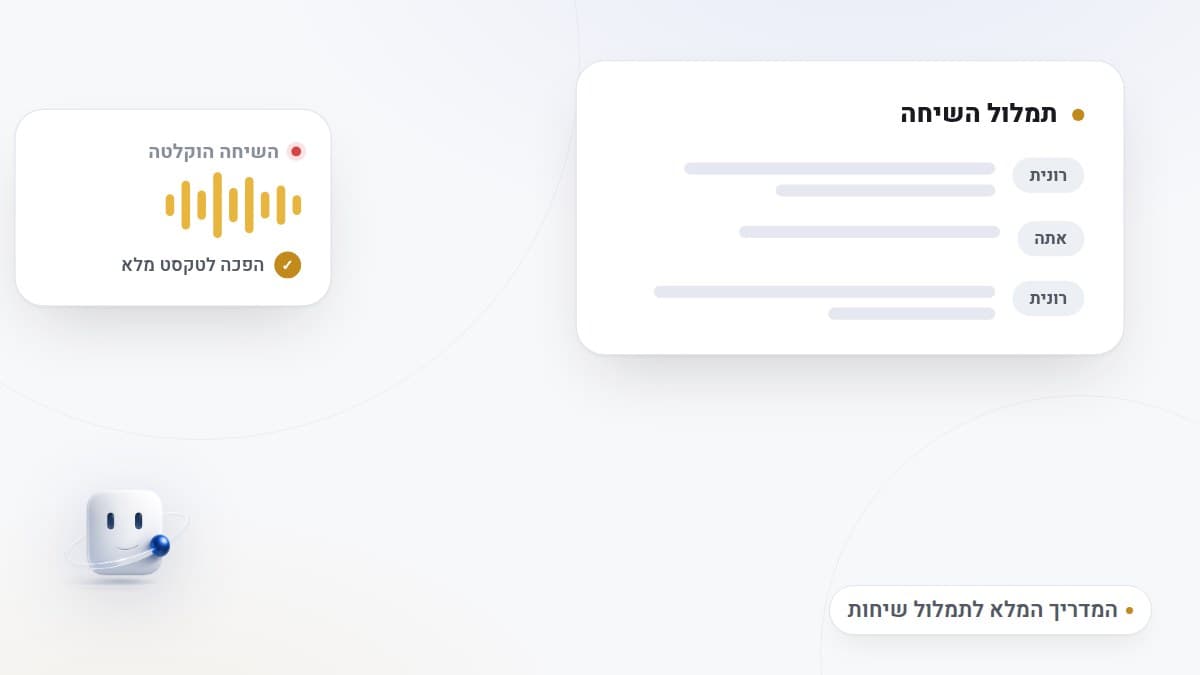 איור: גל קול של שיחה מוקלטת שהופך לתמלול מלא עם חלוקה לדוברים