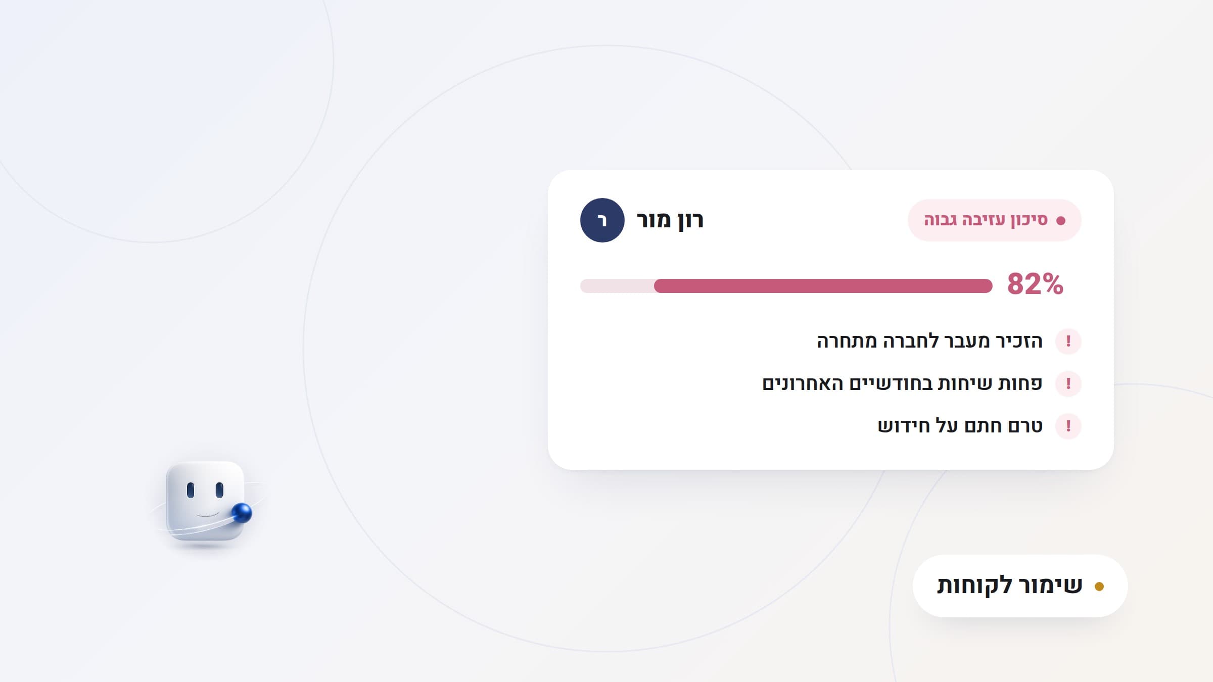 איור: כרטיסי לקוחות עם לקוח אחד מודגש בזהב כסימן אזהרה, לצד סימני שיחה שמתקצרת